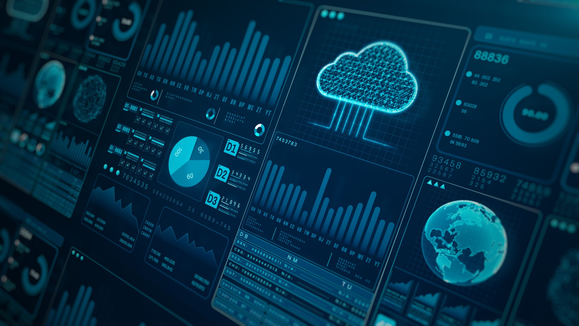 HUD Showcasing advanced analytics and global connectivity, High-tech digital dashboard featuring data with charts, graphs, and cloud integration, Technology cloud computing background, 3d rendering
